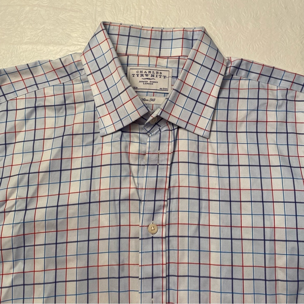 Charles Tyrwhitt Men's Blue/Red/White Checkered Dress Shirt- French Cuff- 17.5